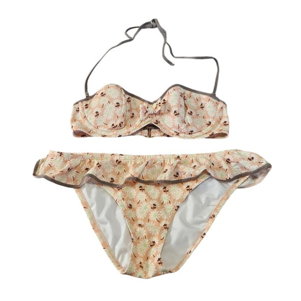 Victoria's Secret Peach Daisy Floral Ruffle Bikini Set Medium Underwire